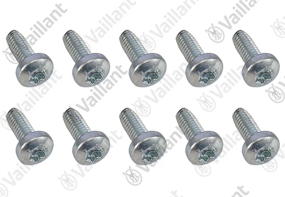 Schrauben von Vaillant, zehn Stück, mit Sechskantkopf und Kreuzschlitz-Antrieb, metallisch, für verschiedene Anwendungen in der Heiztechnik.